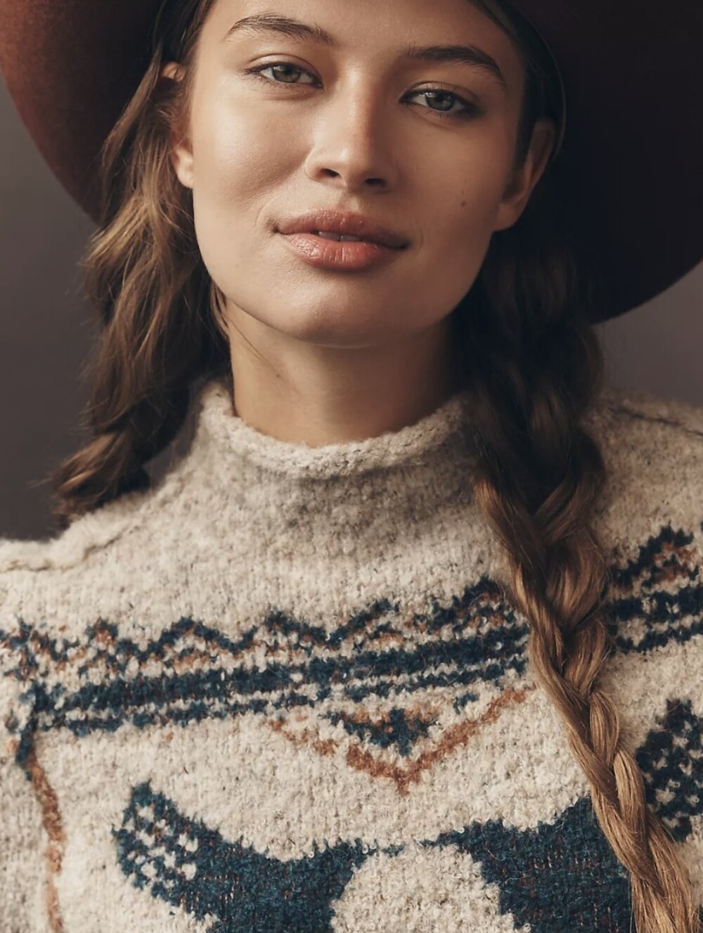 Pilcro Sweater Bird Mock Neck Beige With Navy Trim - Picture 6 of 16
